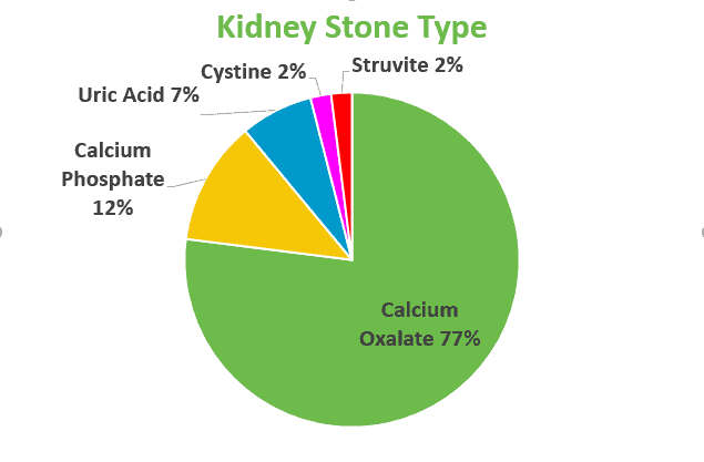 Pie chart showing that 77% of stones are calcium oxalate, 12% are calcium phosphate, 7% are uric acid, 2% are cystine and 2% are struvite